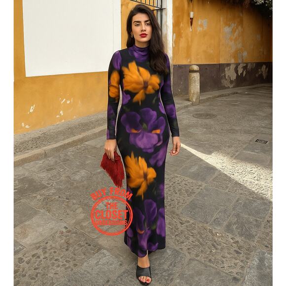 MANGO Fitted Floral Maxi Dress NWT | Multicolor High Neck Long Sleeve - Picture 3 of 16